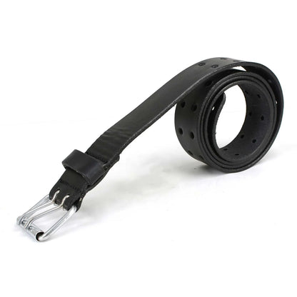 Men's Double Prong - Black Genuine Leather Belt with Interchangeable Buckle - 1.5 inches Wide