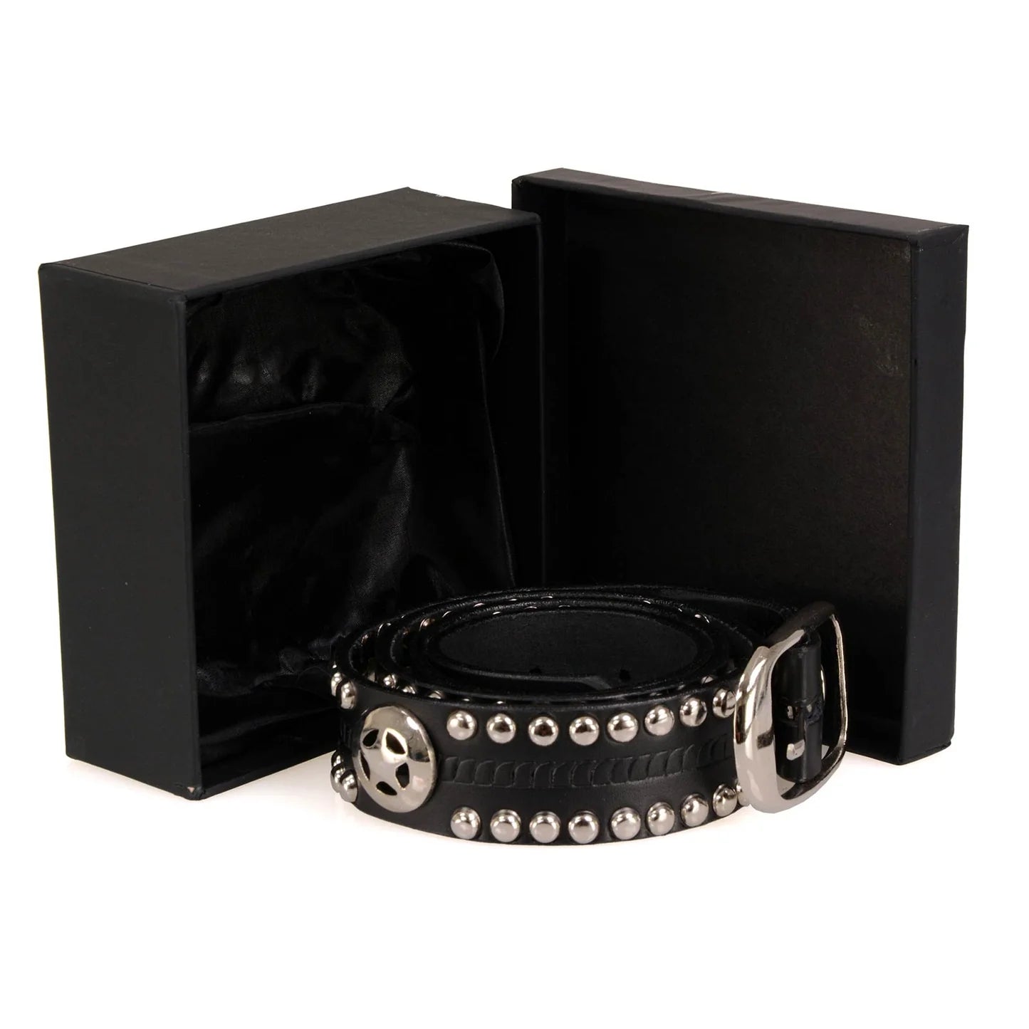 Men's Chrome Studded w/ Star Emblem Black Leather Biker Belt w/ Interchangeable Buckle -1.5 in Wide