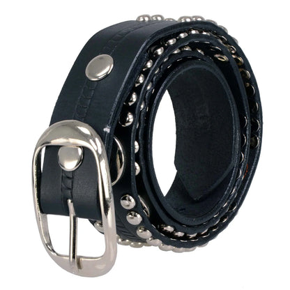Men's Chrome Studded w/ Star Emblem Black Leather Biker Belt w/ Interchangeable Buckle -1.5 in Wide