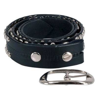 Men's Chrome Studded w/ Star Emblem Black Leather Biker Belt w/ Interchangeable Buckle -1.5 in Wide