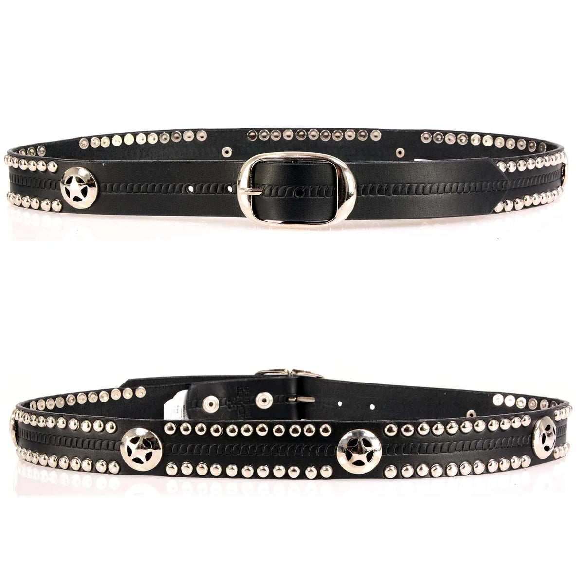 Men's Chrome Studded w/ Star Emblem Black Leather Biker Belt w/ Interchangeable Buckle -1.5 in Wide