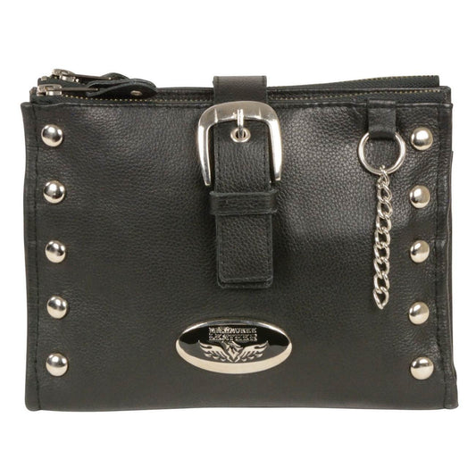 Women's Black Leather Studded Shoulder Bag 30in