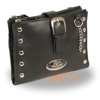 Women's Black Leather Studded Shoulder Bag 30in