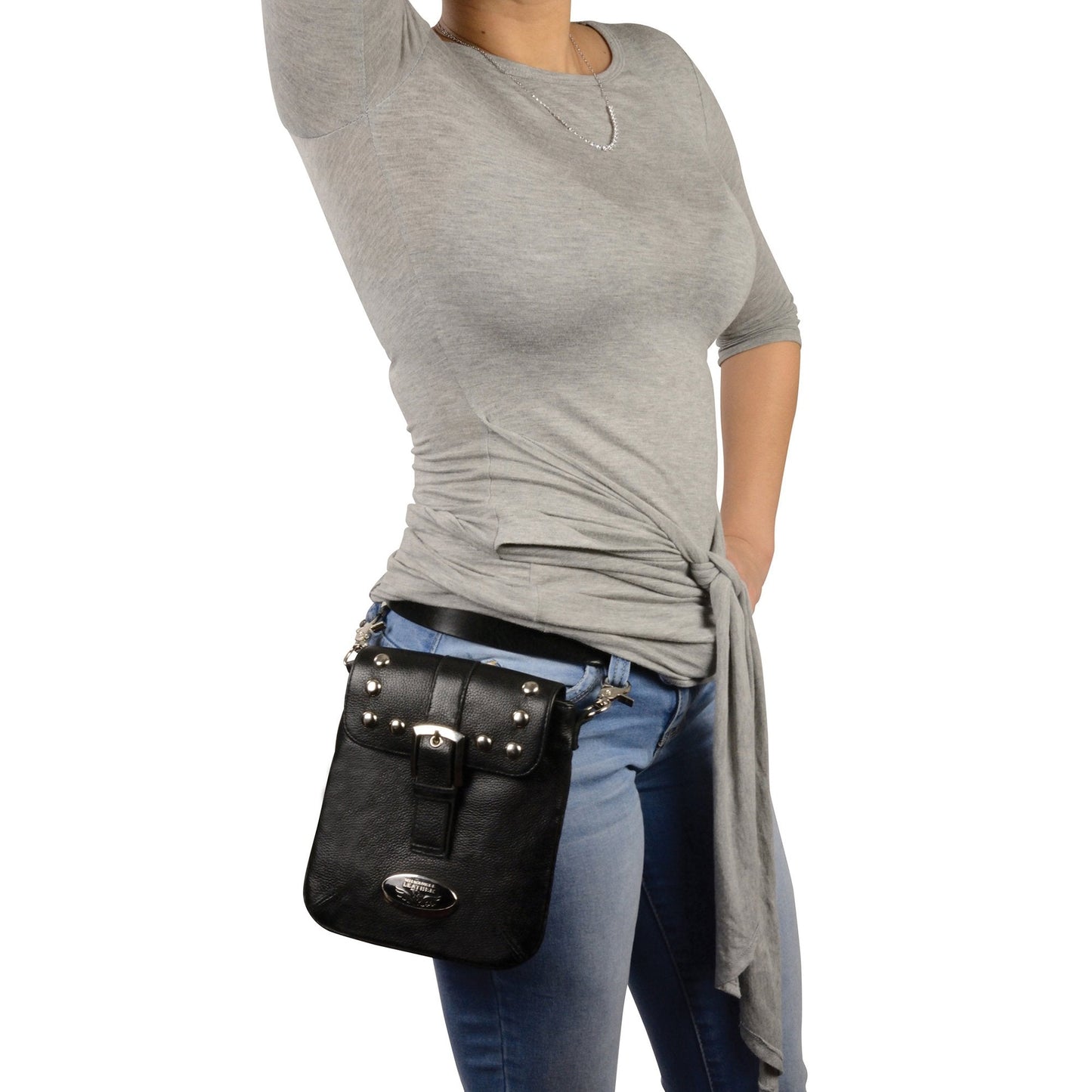 Women's Black Leather Studded Shoulder Bag