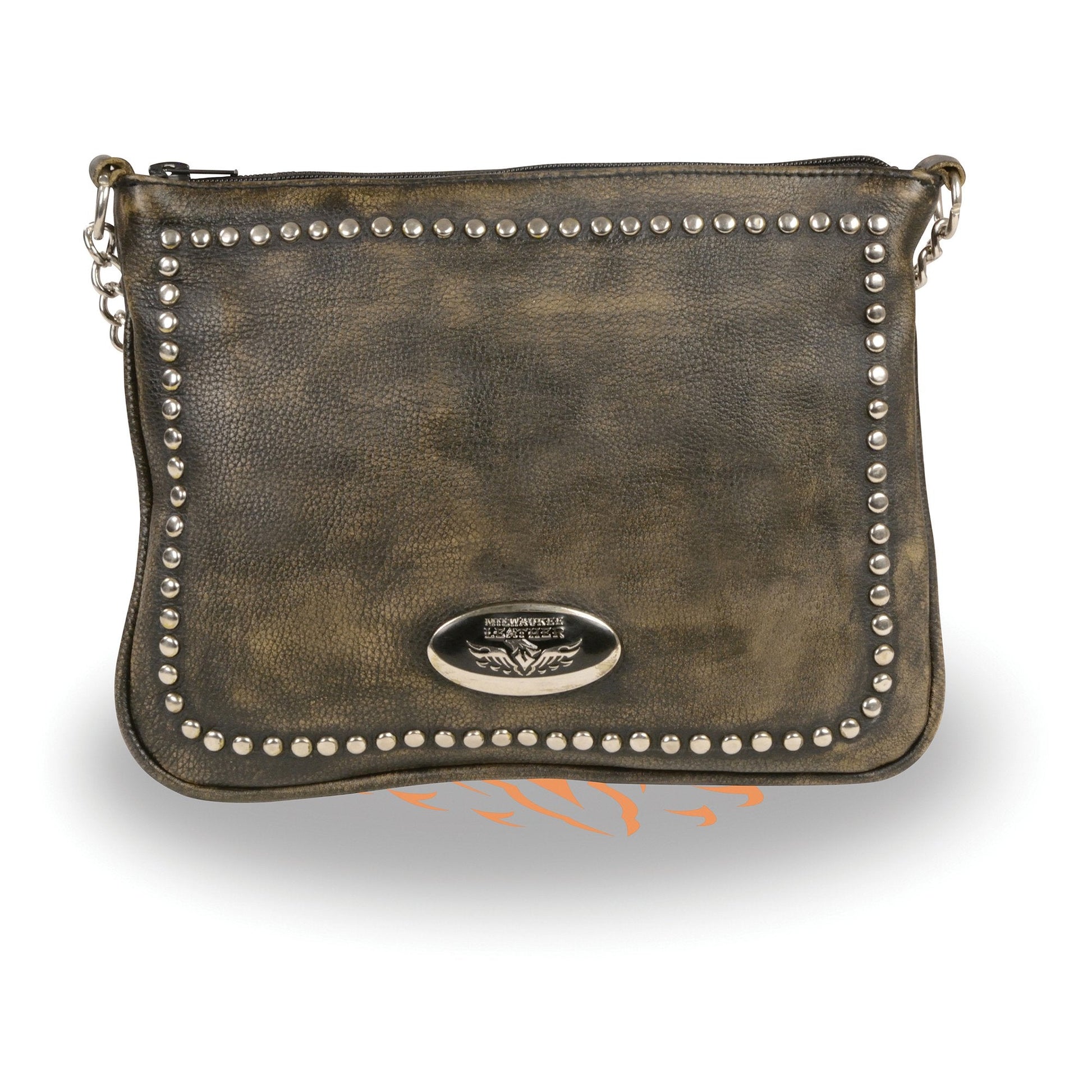 Women's Distressed Brown Chain Strap Riveted Shoulder Bag 1.2-1.3mm Leather