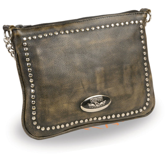 Women's Distressed Brown Chain Strap Riveted Shoulder Bag 1.2-1.3mm Leather
