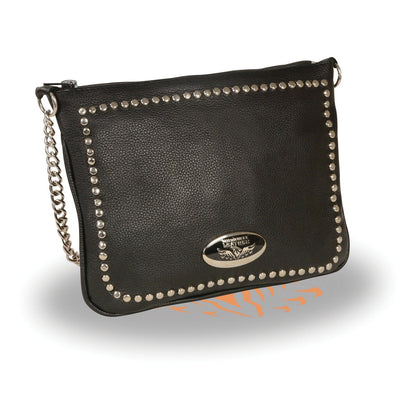 Women's Black Chain Strap Riveted Shoulder Bag Conceal Carry Pocket