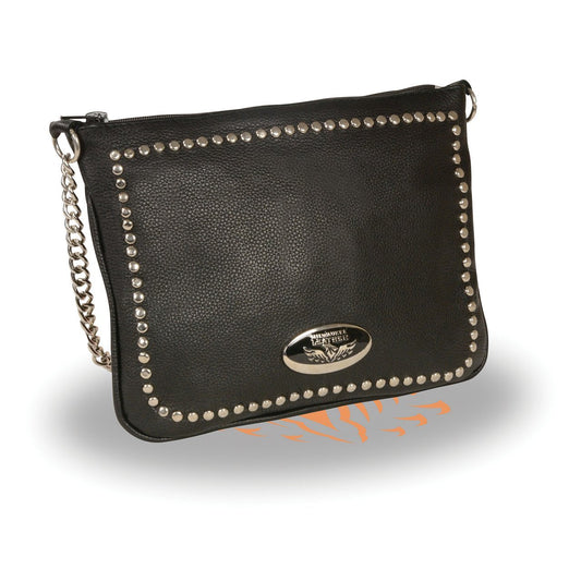 Women's Black Chain Strap Riveted Shoulder Bag Conceal Carry Pocket
