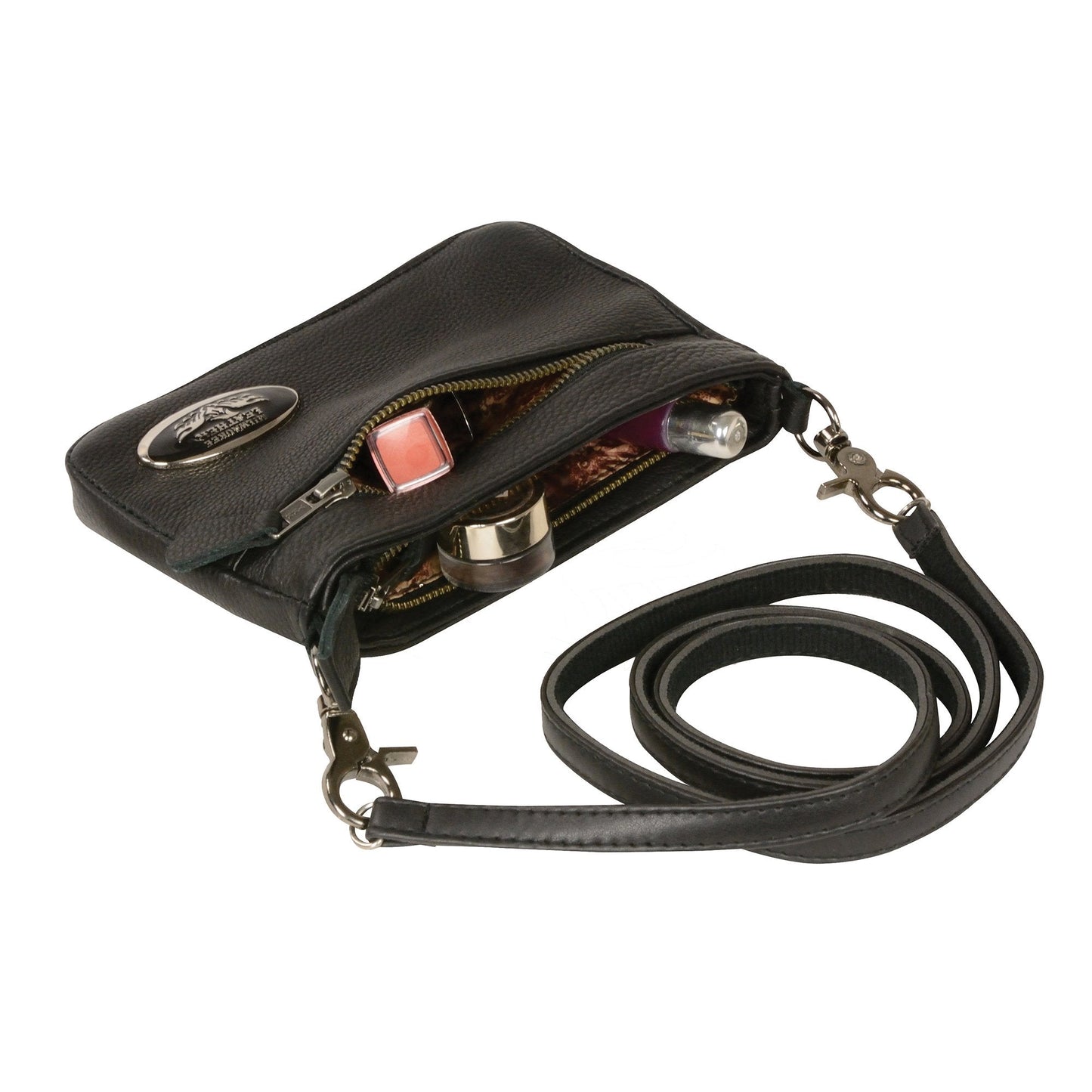 Ladies Black Leather Double Zipper Shoulder Bag
