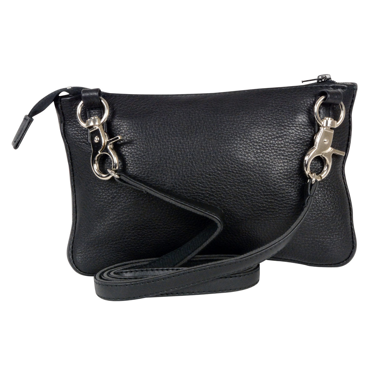 Women's Black Leather Shoulder Bag with Zipper Closure and Leather Strap
