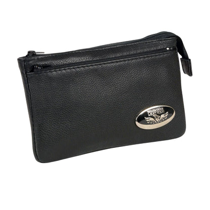 Women's Black Leather Shoulder Bag with Zipper Closure and Leather Strap
