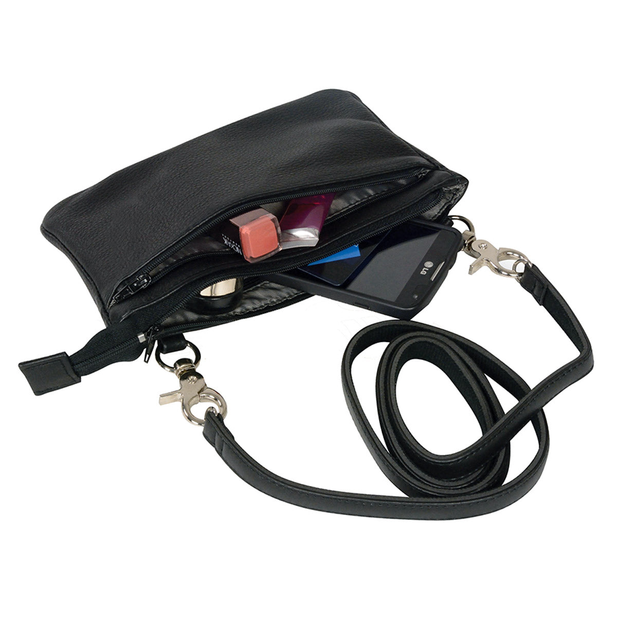 Women's Black Leather Shoulder Bag with Zipper Closure and Leather Strap
