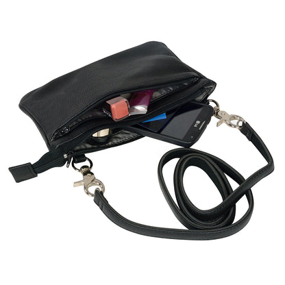 Women's Black Leather Shoulder Bag with Zipper Closure and Leather Strap