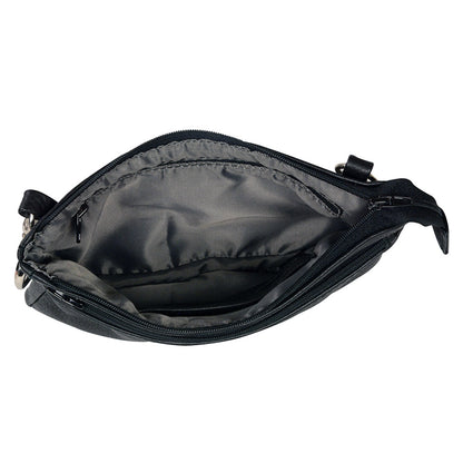 Women's Black Leather Shoulder Bag with Zipper Closure and Leather Strap
