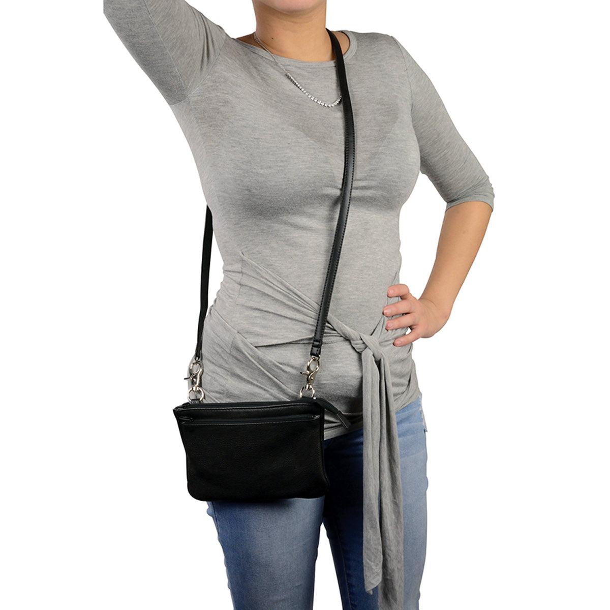 Women's Black Leather Shoulder Bag with Zipper Closure and Leather Strap