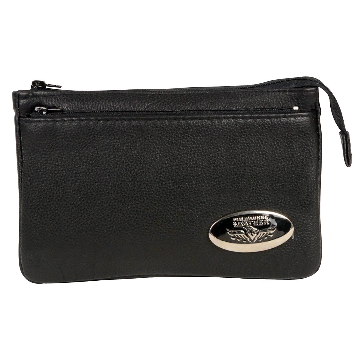 Women's Black Leather Shoulder Bag with Zipper Closure and Leather Strap