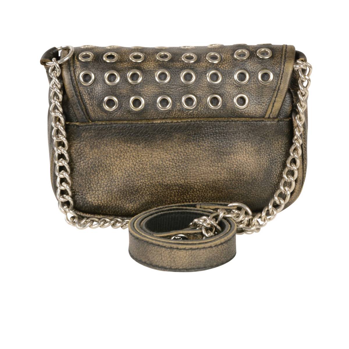 Ladies Distress Brown Leather Chain Strap Shoulder Bag 8in