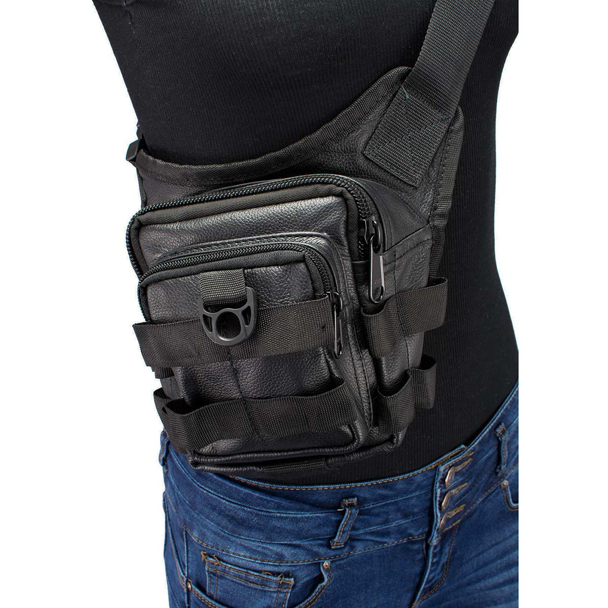Women's Black Leather Conceal and Carry Thigh Bag with Waist Belt