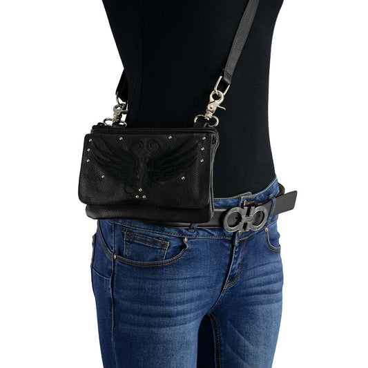 Ladies Winged Black Leather Multi-Pocket Belt Bag With Conceal Carry