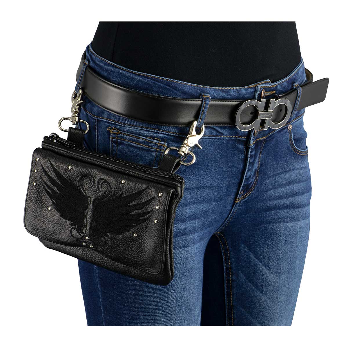 Ladies Winged Black Leather Multi-Pocket Belt Bag With Conceal Carry