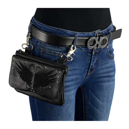 Ladies Winged Black Leather Multi-Pocket Belt Bag With Conceal Carry