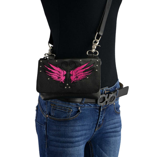 Ladies Winged Leather Black And Pink Multi Pocket Belt Bag