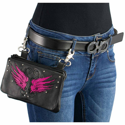 Ladies Winged Leather Black And Pink Multi Pocket Belt Bag
