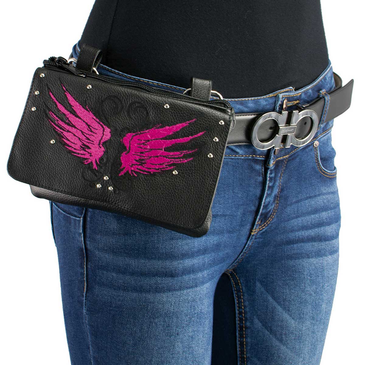 Ladies Winged Leather Black And Pink Multi Pocket Belt Bag
