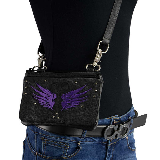 Ladies Winged Leather Black And Purple Multi Pocket Belt Bag