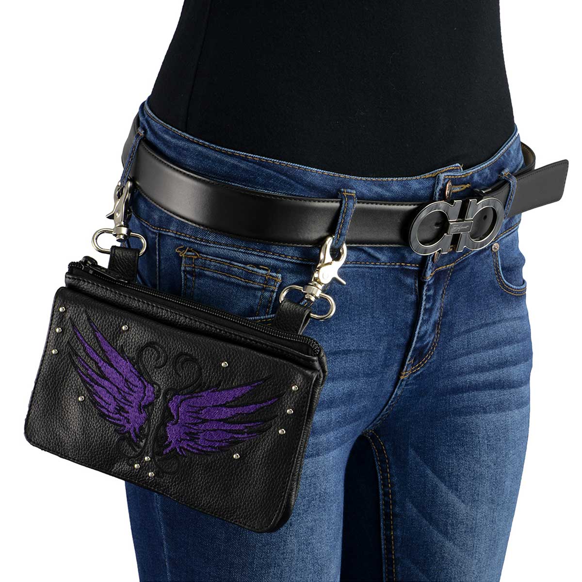 Ladies Winged Leather Black And Purple Multi Pocket Belt Bag