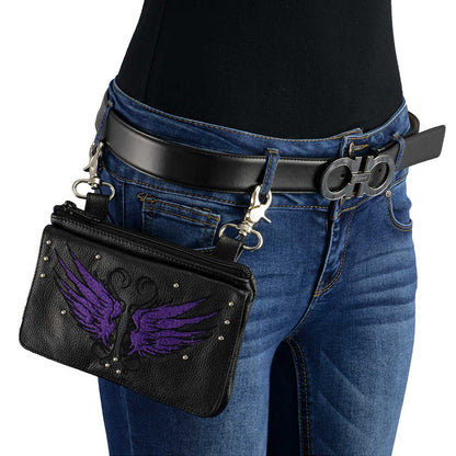 Ladies Winged Leather Black And Purple Multi Pocket Belt Bag