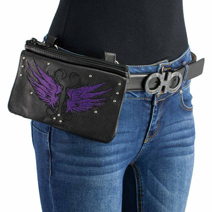 Ladies Winged Leather Black And Purple Multi Pocket Belt Bag