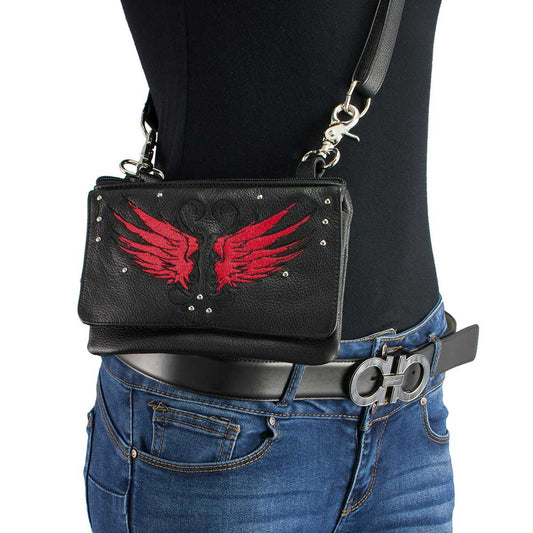 Ladies Winged Leather Black And Red Multi Pocket Belt Bag