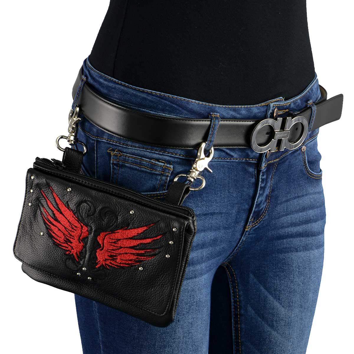 Ladies Winged Leather Black And Red Multi Pocket Belt Bag