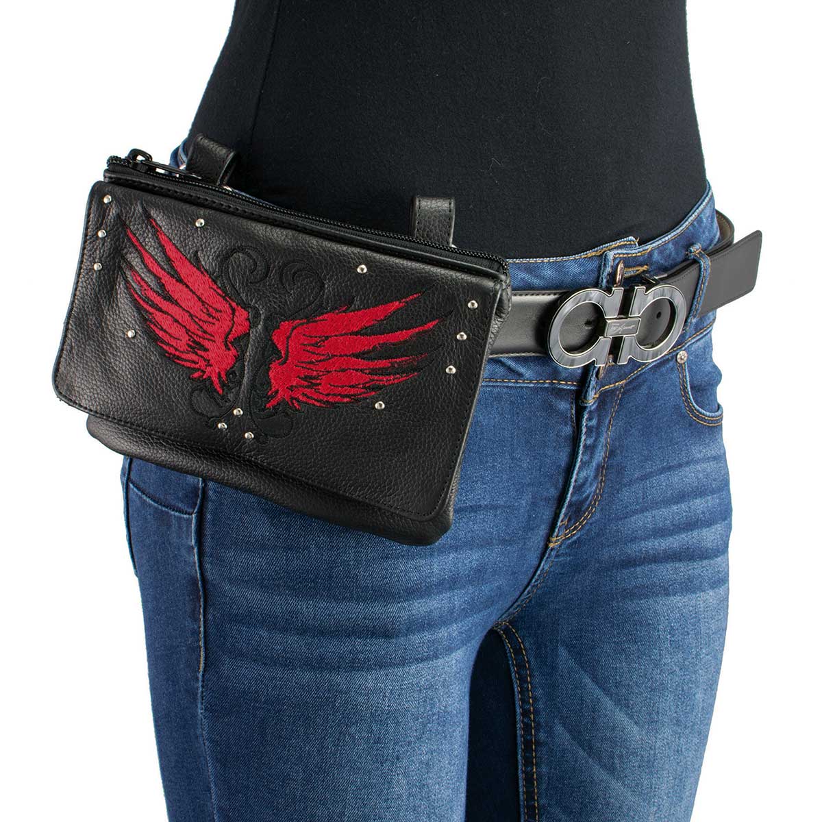 Ladies Winged Leather Black And Red Multi Pocket Belt Bag