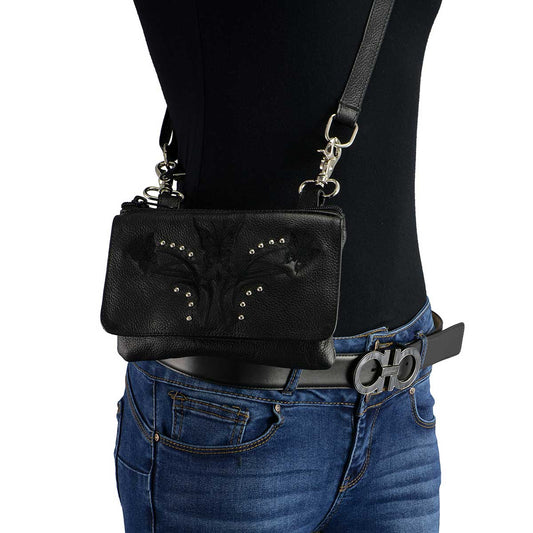 Women's Black Leather Multi Pocket Belt Bag 7in