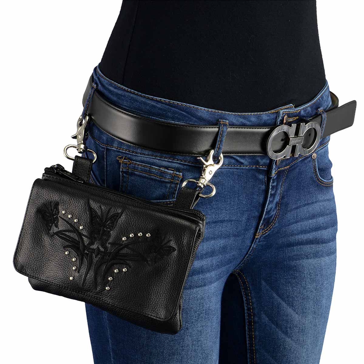 Women's Black Leather Multi Pocket Belt Bag 7in