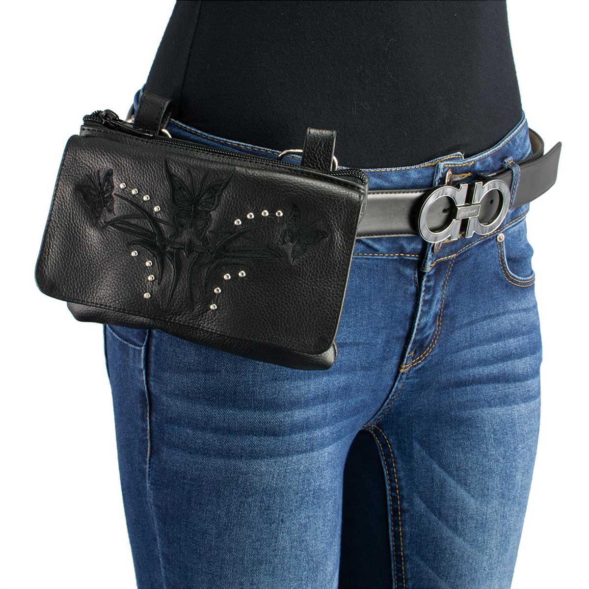 Women's Black Leather Multi Pocket Belt Bag 7in