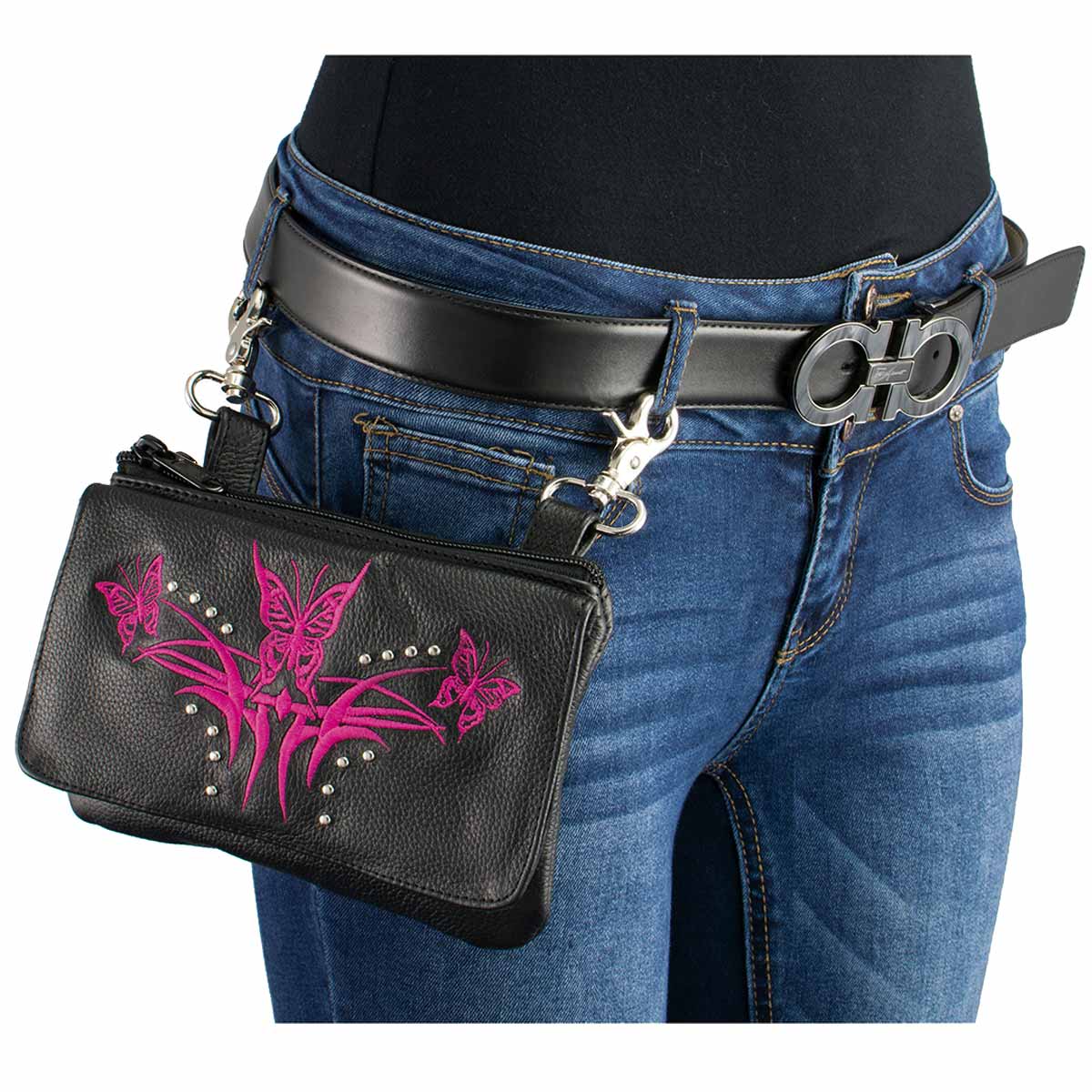 Women's Black And Pink Leather Multi Pocket Belt Bag
