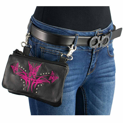 Women's Black And Pink Leather Multi Pocket Belt Bag