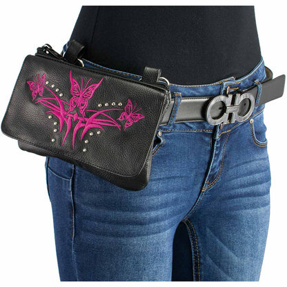 Women's Black And Pink Leather Multi Pocket Belt Bag