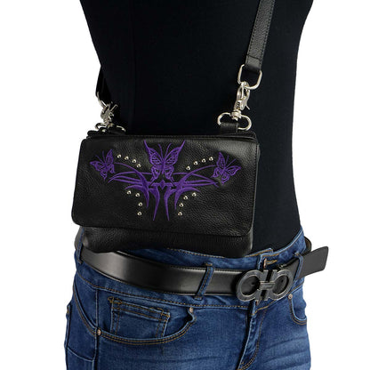 Women's Black And Purple Leather Multi Pocket Belt Bag
