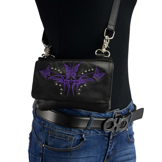 Women's Black And Purple Leather Multi Pocket Belt Bag