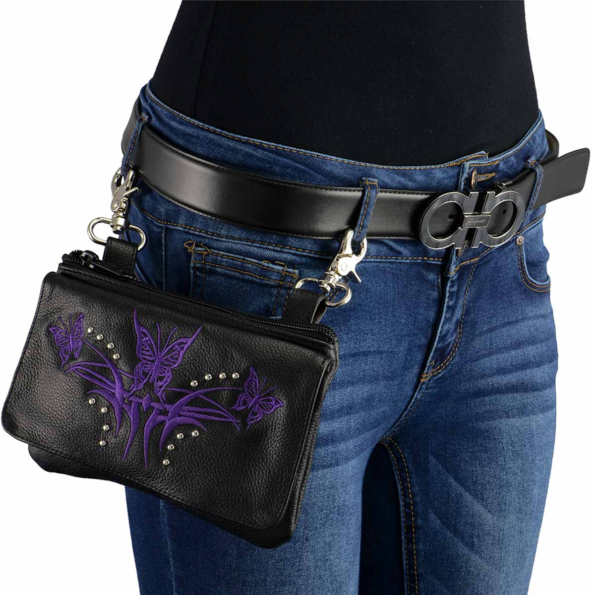 Women's Black And Purple Leather Multi Pocket Belt Bag