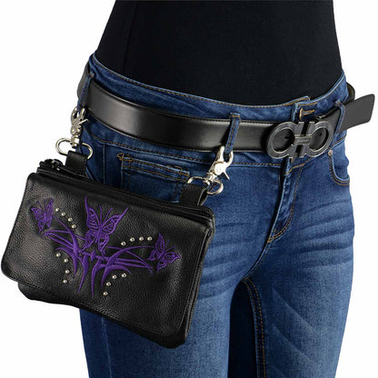 Women's Black And Purple Leather Multi Pocket Belt Bag