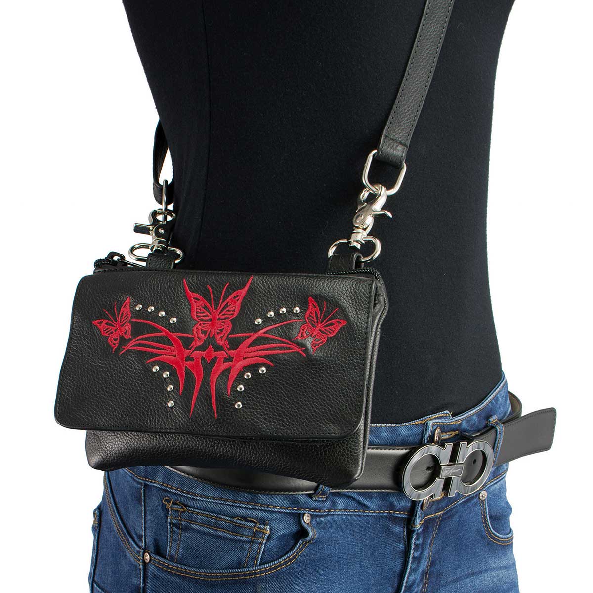 Women's Black And Red Leather Multi Pocket Belt Bag