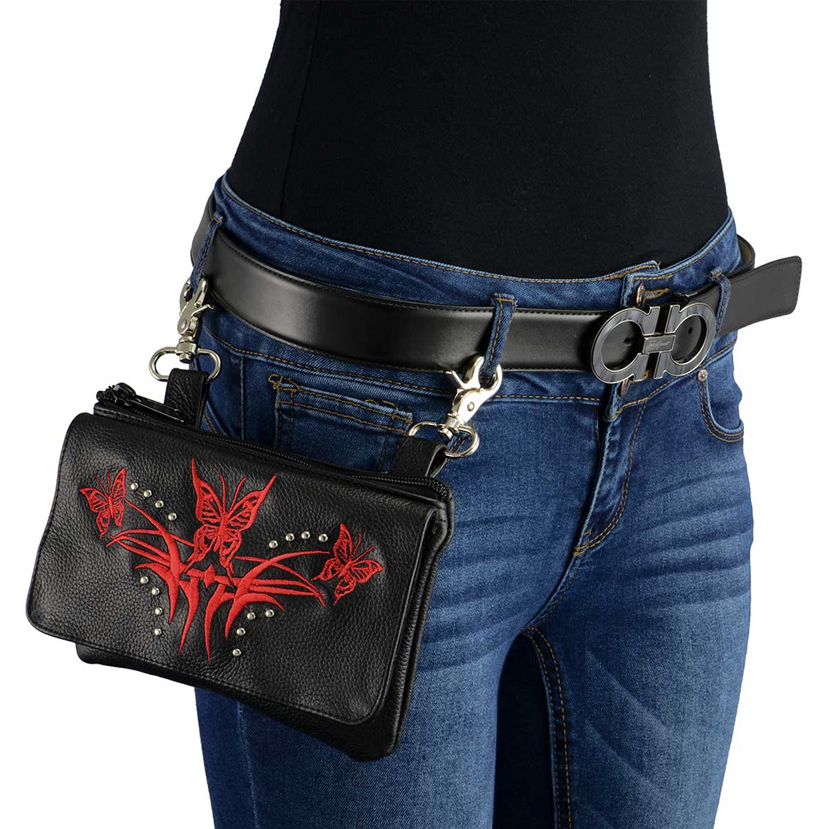 Women's Black And Red Leather Multi Pocket Belt Bag