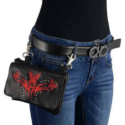 Women's Black And Red Leather Multi Pocket Belt Bag