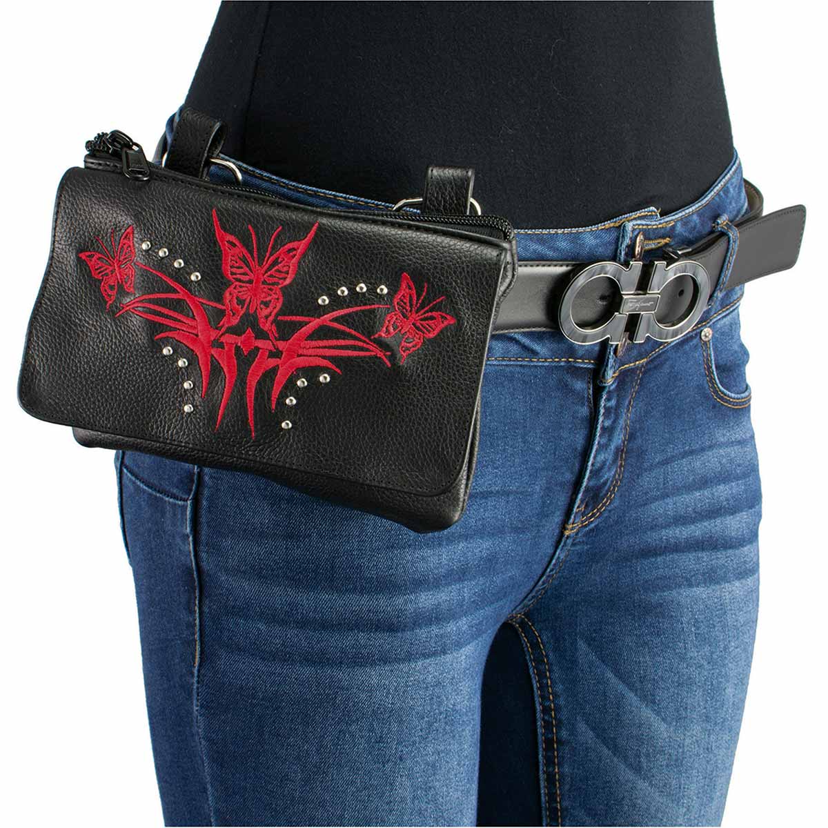Women's Black And Red Leather Multi Pocket Belt Bag