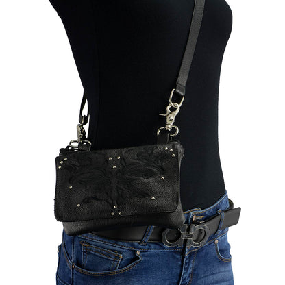 Women's Black Leather Multi Pocket Belt Bag